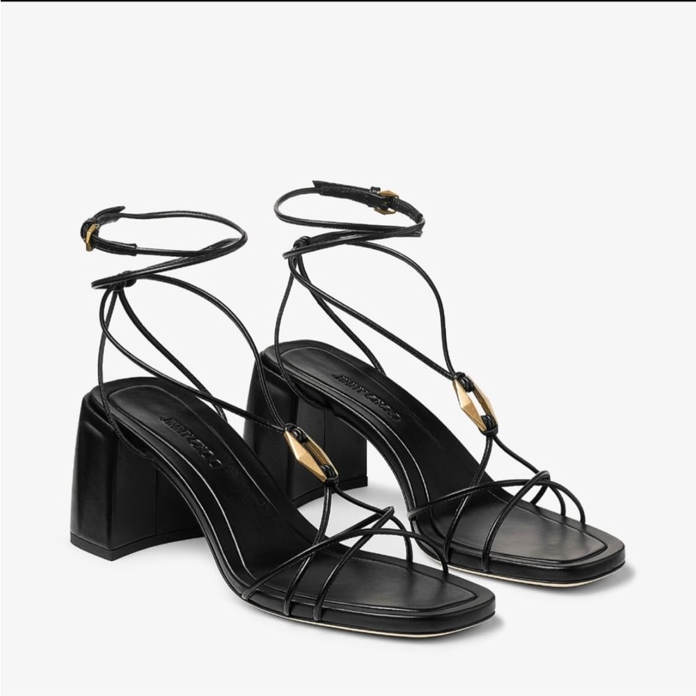 Jimmy Choo Black Strappy Heels with Gold Accents